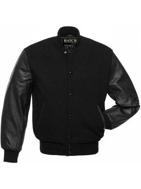 Men’s All Black Genuine Leather Sleeve Varsity Letterman Jacket